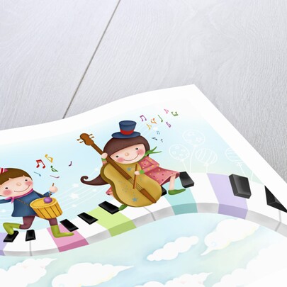 Girl and a boy playing cello and drum by Anonymous