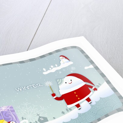 Snowman wearing santa clothes with blue winter background by Anonymous