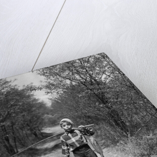 1950s boy beagle puppy walking down country road whistling carrying fishing pole pail fish by Anonymous