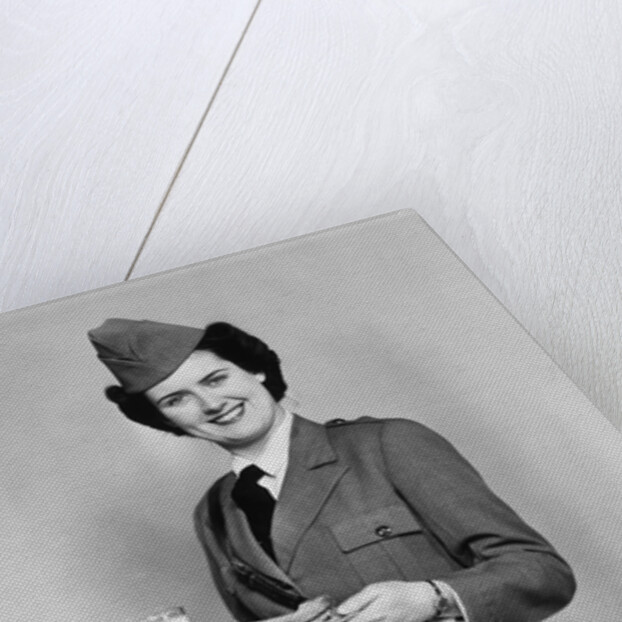 1940s army woman with lunch tray with a glass of milk and sandwich by Anonymous