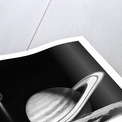 1960s space rocket flying past saturn with surface of another planet in foreground by Anonymous