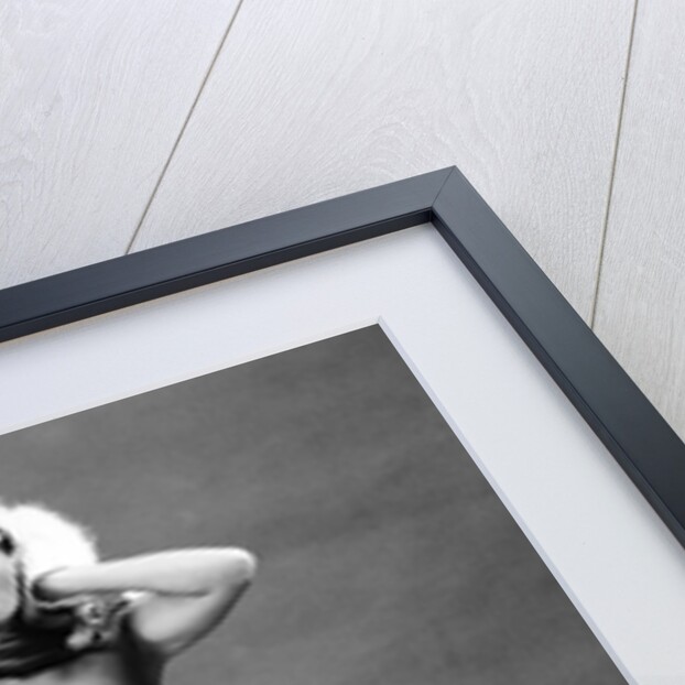 1950s young woman standing inside wearing fur trimmed bikini and gloves by Anonymous