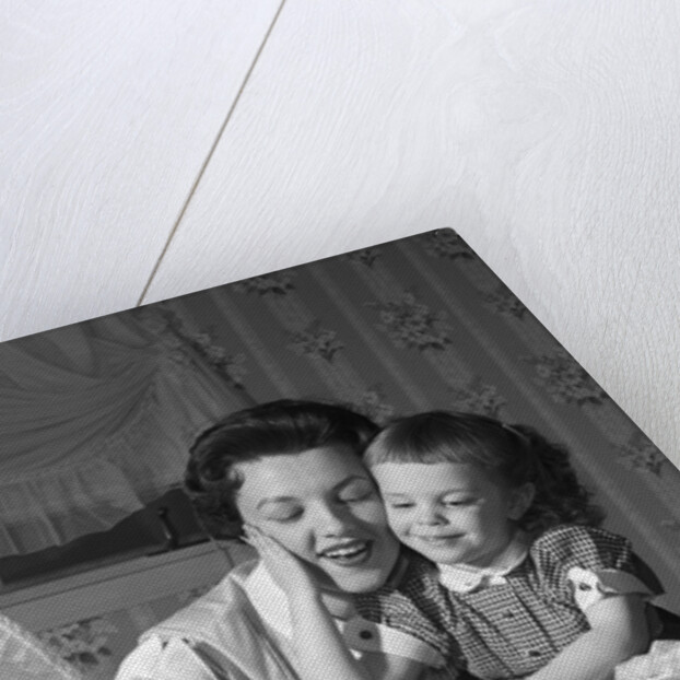 1950s mother & daughter admiring baby in bassinet by Anonymous