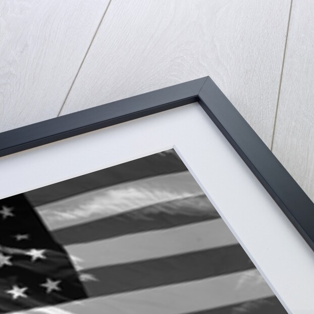 1940s boy scout playing bugle in front of 48 star american flag by Anonymous