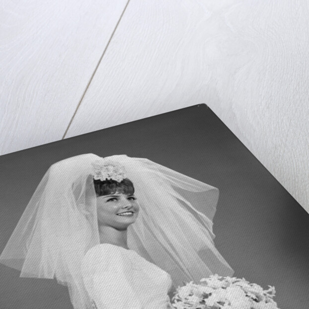 1960s bride portrait in wedding dress veil bridal bouquet by Anonymous