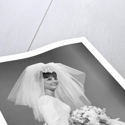 1960s bride portrait in wedding dress veil bridal bouquet by Anonymous