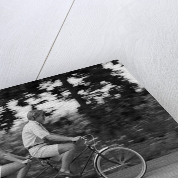 1970s teenage girl and boy riding bicycle built for two by Anonymous
