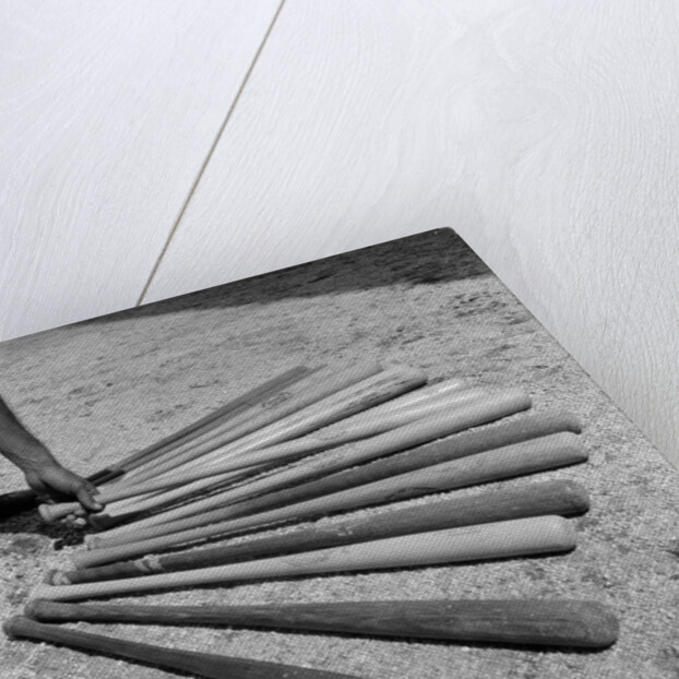 1950s baseball player selecting from a variety of bats by Anonymous