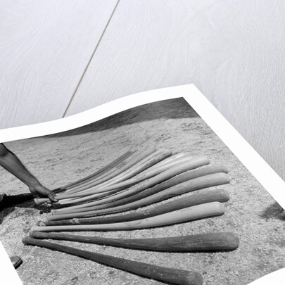 1950s baseball player selecting from a variety of bats by Anonymous