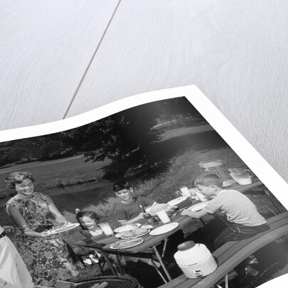 1950s family picnic bar-b-cue mom dad children by Anonymous