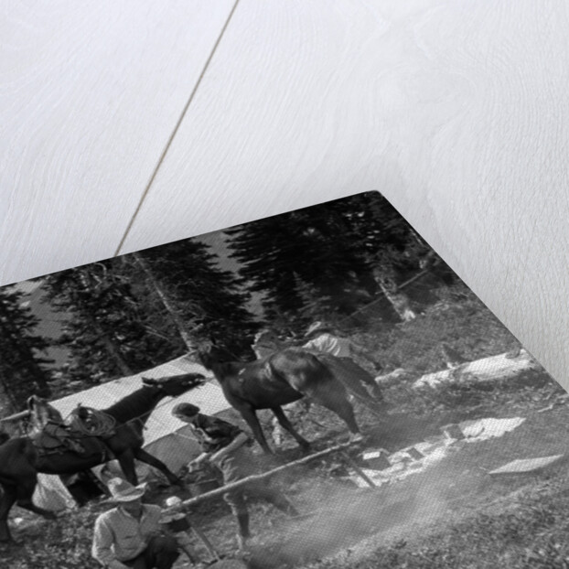 1920s group men women at rough campsite cooking fire horses campfire wilderness adventure cowboy tent canada assiniboine by Anonymous