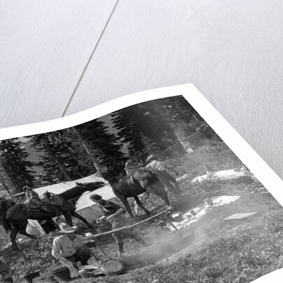 1920s group men women at rough campsite cooking fire horses campfire wilderness adventure cowboy tent canada assiniboine by Anonymous