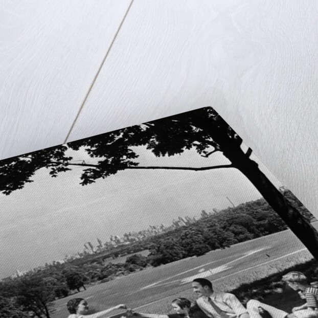 1930s 1940s family picnicking under a tree in fairmont park with skyline of philadelphia pa on horizon by Anonymous