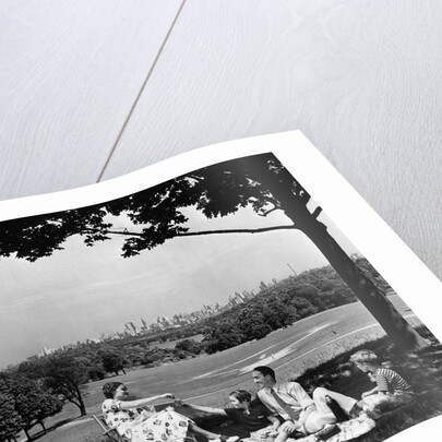 1930s 1940s family picnicking under a tree in fairmont park with skyline of philadelphia pa on horizon by Anonymous