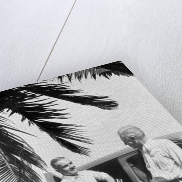 1930s 2 elderly men standing by car carrying golf bag palm tree frond in corner by Anonymous