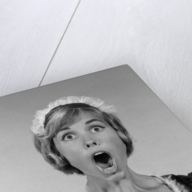 1960s woman in maid uniform eyes and mouth wide open looking at camera by Anonymous