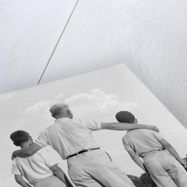 1960s back view grandfather with two grandsons boys by Anonymous