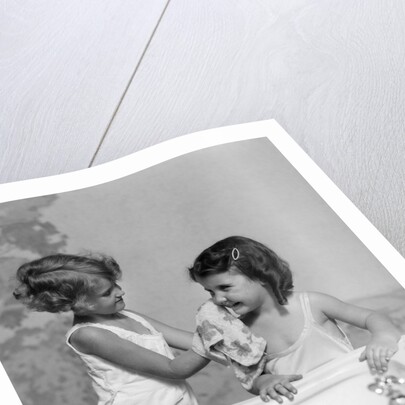 1930s two girls sisters at bathroom sink by Anonymous