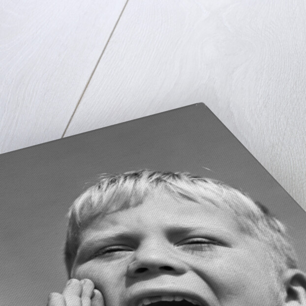 1950s blond boy with eyes closed and hand cupping a wide open mouth shouting by Anonymous