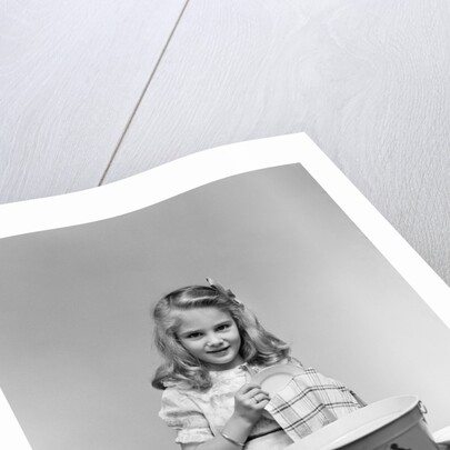 1940s child little girl and doll drying washing toy dishes by Anonymous