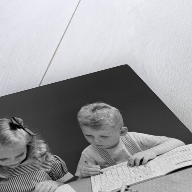1940s two children coloring drawing in book by Anonymous
