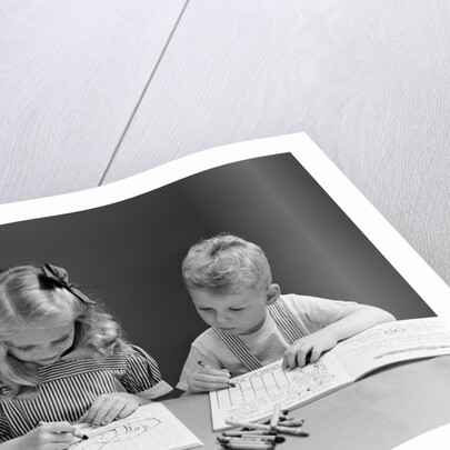 1940s two children coloring drawing in book by Anonymous