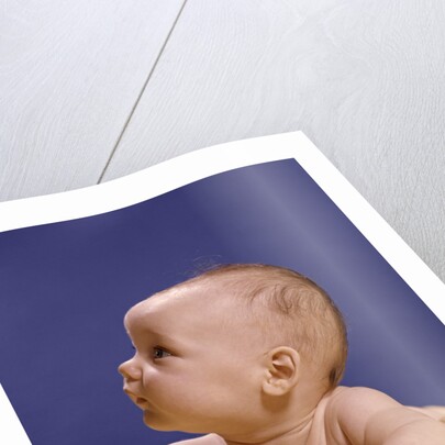 1960s portrait of baby on yellow blanket resting on folded arms head turned to right looking up by Anonymous