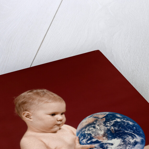 1960s symbolic ecology serious baby wearing cloth diapers sitting holding looking at the earth by Anonymous