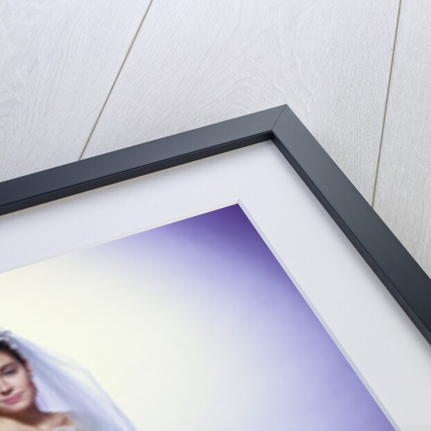 1960s young woman bride portrait bridal veil empire waist gown lace bodice hem full length by Anonymous