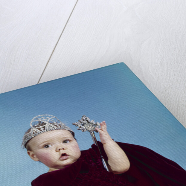 1960s baby dressed as royal queen in a velvet robe cloak cape rhinestone tiara crown and scepter wand by Anonymous