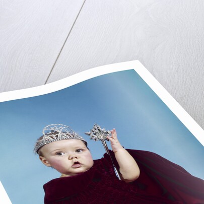 1960s baby dressed as royal queen in a velvet robe cloak cape rhinestone tiara crown and scepter wand by Anonymous