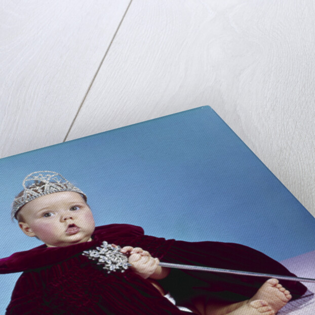 1960s baby dressed as royal queen in red velvet robe cloak cape rhinestone tiara crown and scepter wand by Anonymous