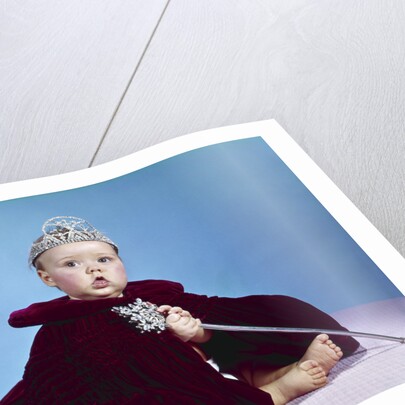 1960s baby dressed as royal queen in red velvet robe cloak cape rhinestone tiara crown and scepter wand by Anonymous