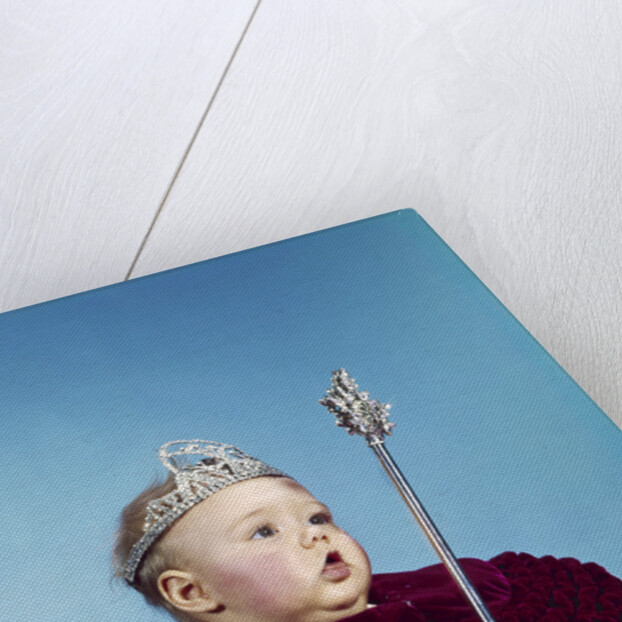 1960s baby dressed as royal queen in a velvet robe cloak cape rhinestone tiara crown and scepter wand by Anonymous