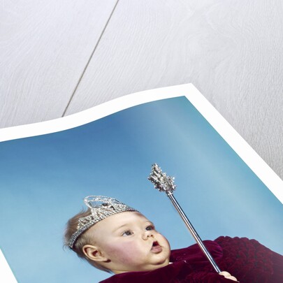 1960s baby dressed as royal queen in a velvet robe cloak cape rhinestone tiara crown and scepter wand by Anonymous