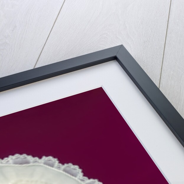 1960s blonde baby blue eyes wearing ruffled bonnet facial expression of wonder looking at camera by Anonymous