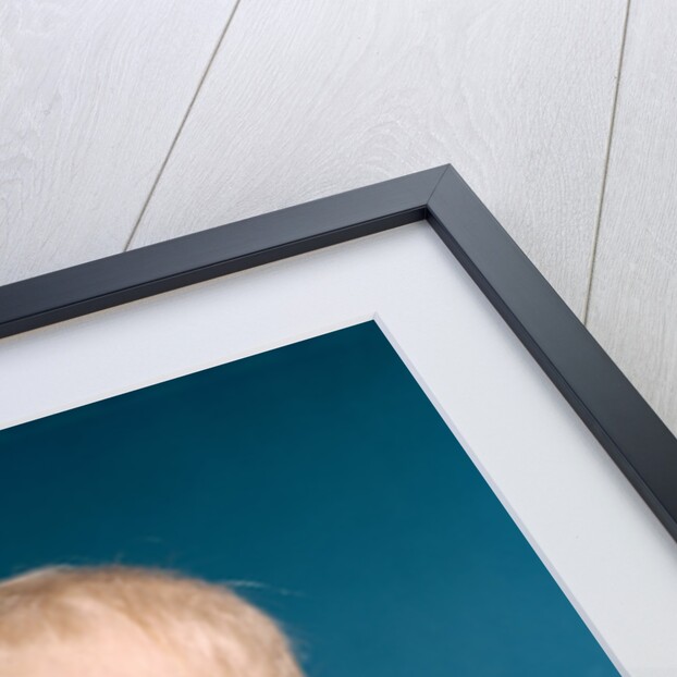 1960s baby big blue eyes raised up on arms looking to side by Anonymous