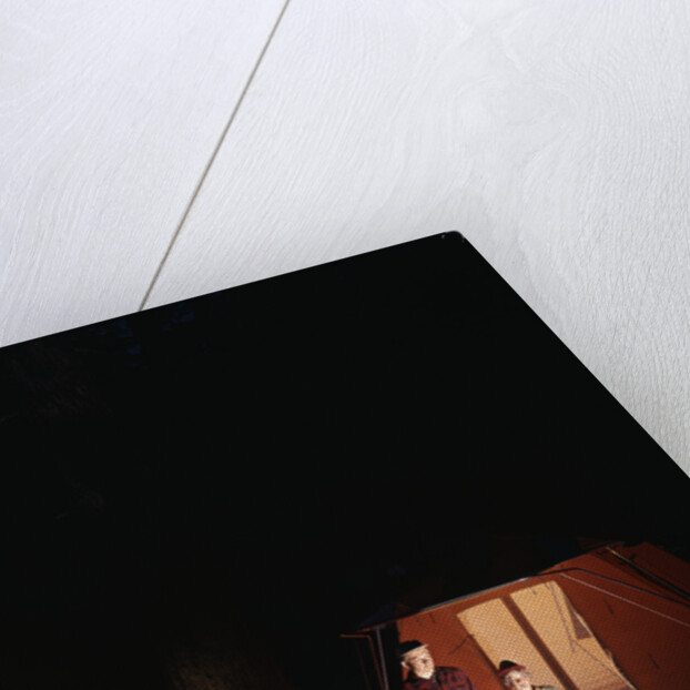 1960s night scene family gazing into campfire by tent by Anonymous