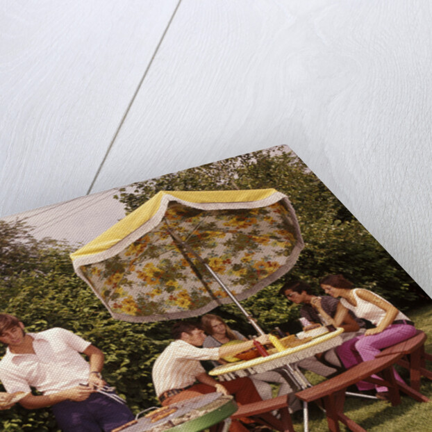 1970s group teenagers boys girls backyard grilling table umbrella by Anonymous