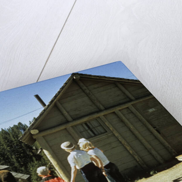 1950s mother and children visiting yellowstone national park wyoming 1956, looking at bear behind cabins by Anonymous