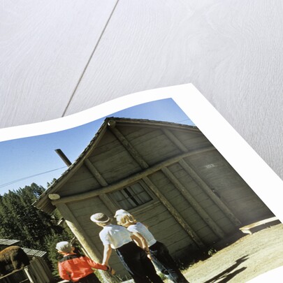 1950s mother and children visiting yellowstone national park wyoming 1956, looking at bear behind cabins by Anonymous