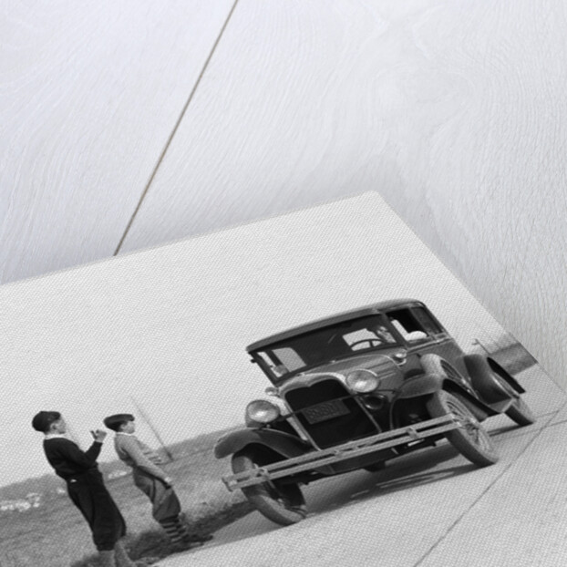 1930s 1920s man driving ford model a car 3 boys hitchhiking by Anonymous