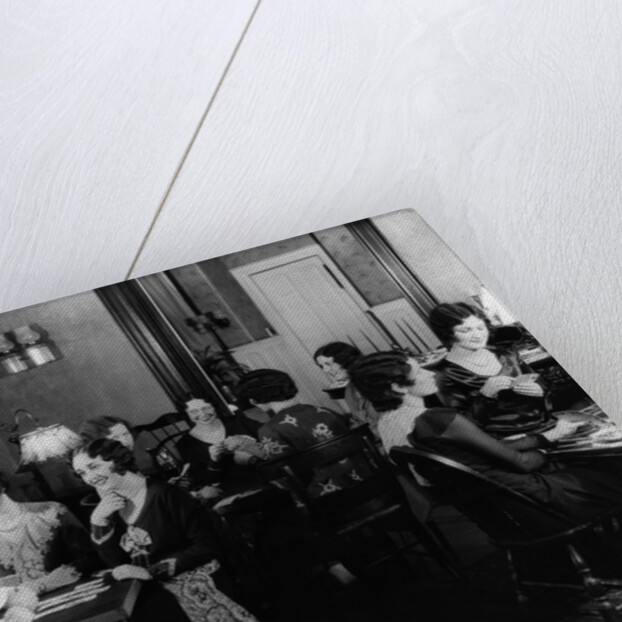 1930s groups of women seated at three tables at card party by Anonymous