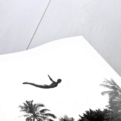 1940s man poised midair arms out jumping from diving board into pool by Anonymous