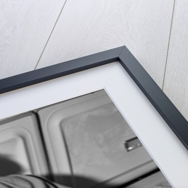 1950s blond woman lifting wire basket food items from a deep freezer looking at camera over her shoulder by Anonymous
