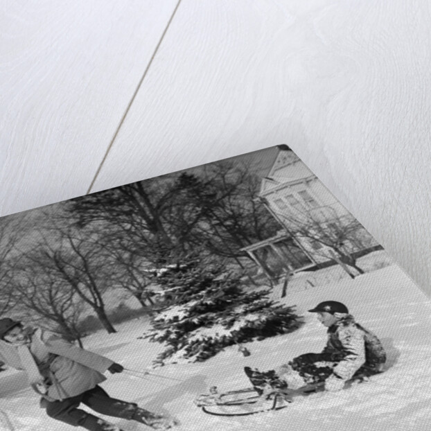 1950s woman mother pulling boy son on sled in winter by Anonymous