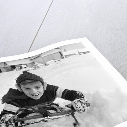 1950s boy on sled in snow looking at camera by Anonymous