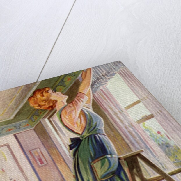 Housewife hanging curtains in her living room by Anonymous