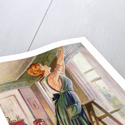 Housewife hanging curtains in her living room by Anonymous