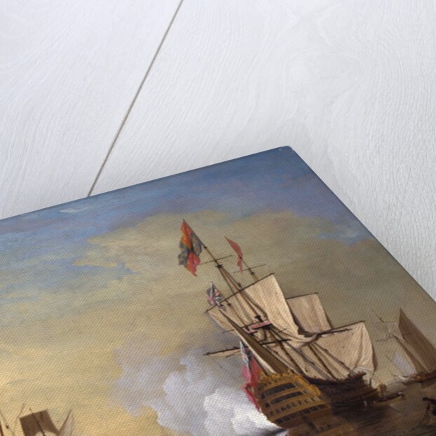 Harbor Scene: An English Ship with Sails Loosened Firing a Gun by Peter Monamy